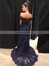 Sheath/Column Off-the-shoulder Silk-like Satin Sweep Train Appliques Lace Prom Dresses #Milly020105935
