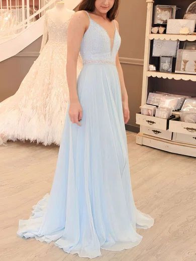 A-line V-neck Chiffon Prom Dresses With Beading #Milly020105938