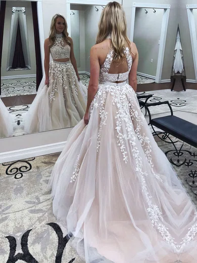 A-line High Neck Tulle Sweep Train Beading Prom Dresses #Milly020105939