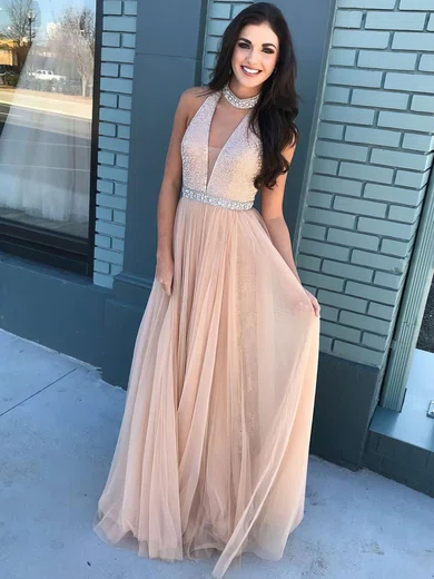 A-line V-neck Tulle Floor-length Beading Prom Dresses #Milly020105942