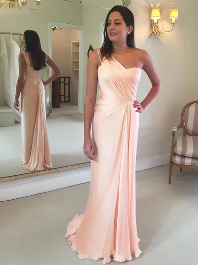 Sheath/Column One Shoulder Chiffon Floor-length Ruffles Prom Dresses #Milly020105944