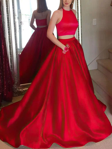 A-line Halter Satin Sweep Train Pockets Prom Dresses #Milly020105945