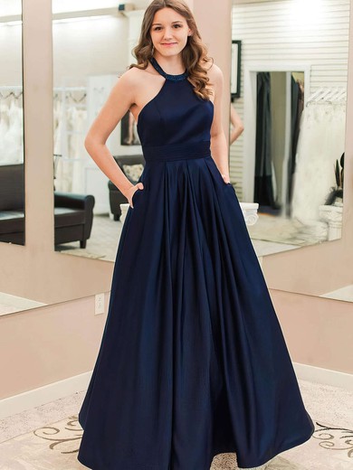 A-line Halter Satin Floor-length Pockets Prom Dresses #Milly020105946
