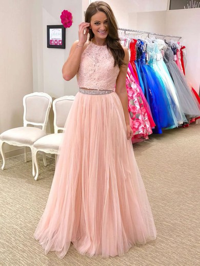 A-line Halter Tulle Floor-length Beading Prom Dresses #Milly020105947
