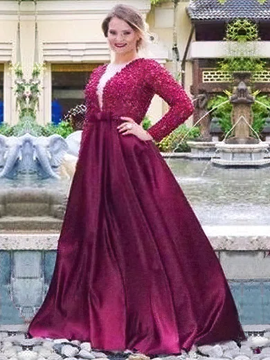 A-line V-neck Satin Floor-length Beading prom dress #Milly020105950