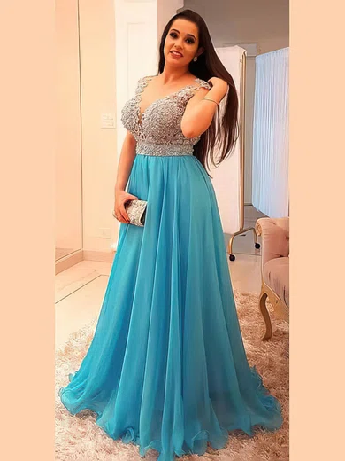 A-line V-neck Chiffon Floor-length Beading prom dress #Milly020105958