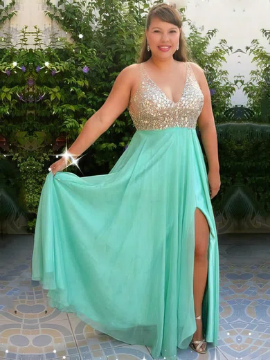 A-line V-neck Chiffon Floor-length Beading prom dress #Milly020105959