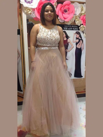 A-line Scoop Neck Tulle Floor-length Beading prom dress #Milly020105964