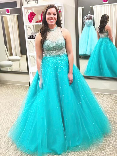 A-line High Neck Tulle Floor-length Beading prom dress #Milly020105968
