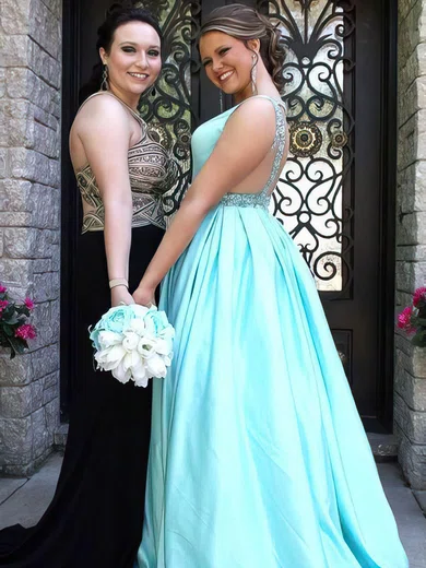 A-line V-neck Satin Floor-length Beading prom dress #Milly020105970