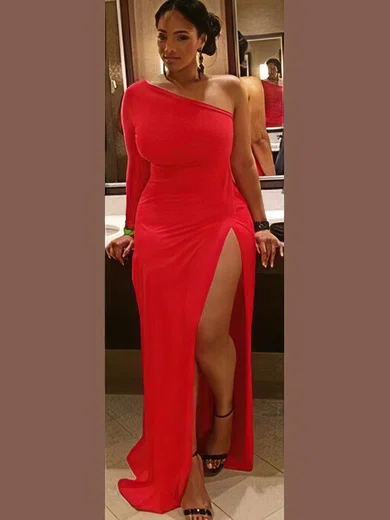 Sheath/Column One Shoulder Jersey Floor-length Split Front prom dress #Milly020105982