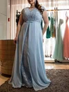 A-line Scoop Neck Chiffon Floor-length Lace prom dress #Milly020105987