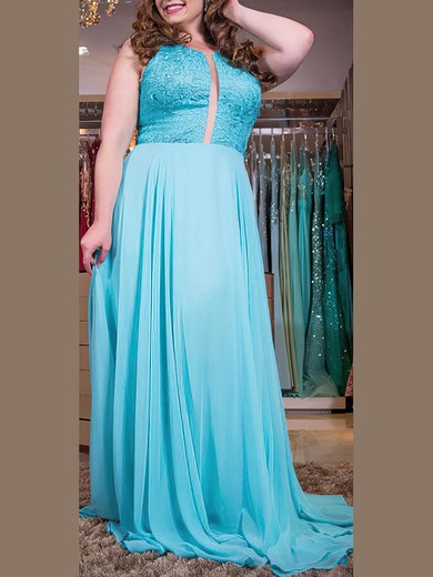 A-line Scoop Neck Chiffon Sweep Train Appliques Lace prom dress #Milly020105988