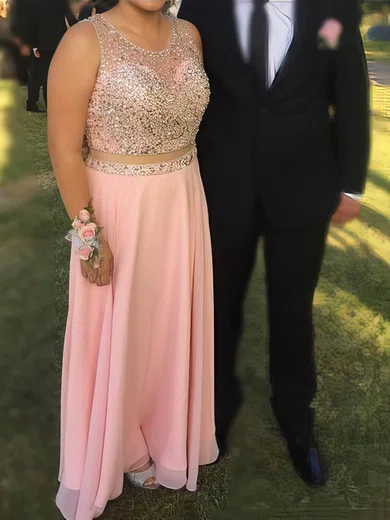 A-line Scoop Neck Chiffon Floor-length Beading prom dress #Milly020105998