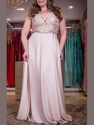 A-line V-neck Satin Chiffon Floor-length Lace prom dress #Milly020105999