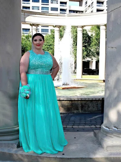 A-line Scoop Neck Chiffon Floor-length Beading prom dress #Milly020106011