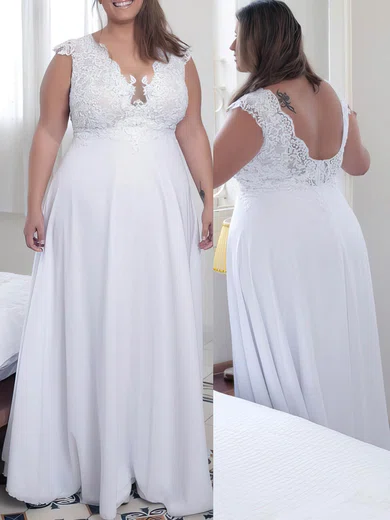 A-line V-neck Chiffon Floor-length Appliques Lace prom dress #Milly020106014