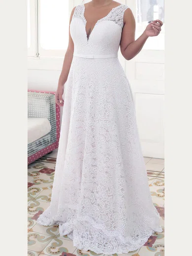 A-line V-neck Lace Floor-length Lace prom dress #Milly020106015