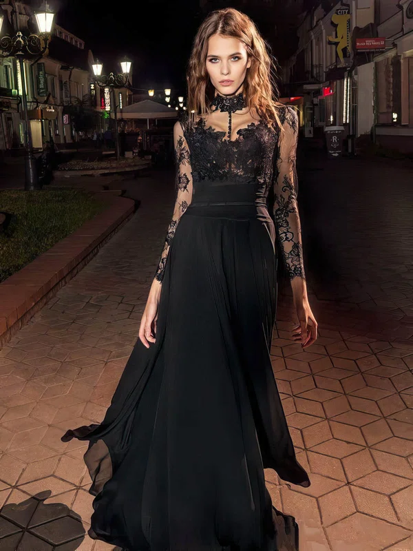 A-line High Neck Lace Chiffon Floor-length Appliques Lace Prom Dresses #Milly020106030