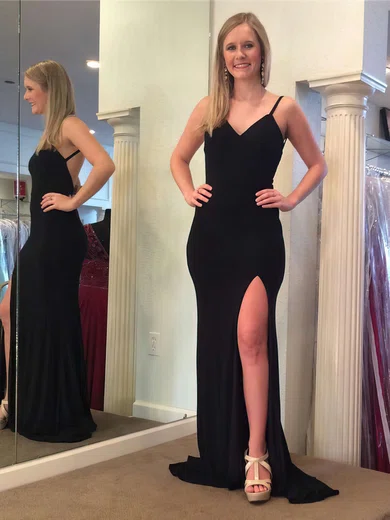 Sheath/Column V-neck Jersey Sweep Train Split Front Prom Dresses #Milly020106032