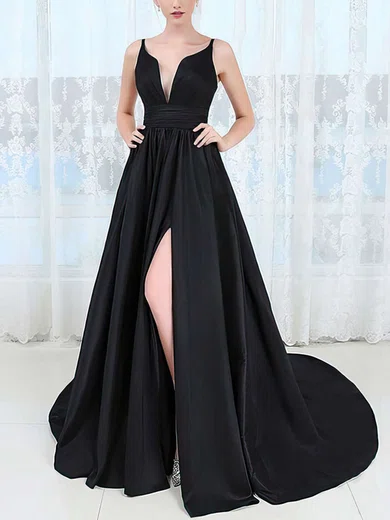 Princess V-neck Satin Sweep Train Split Front Prom Dresses #Milly020106043