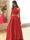 Princess V-neck Satin Floor-length Lace Prom Dresses #Milly020106048