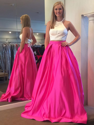 Ball Gown Halter Satin Sweep Train Pockets Prom Dresses #Milly020106051