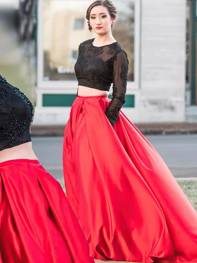 Ball Gown Scoop Neck Satin Tulle Sweep Train Lace Prom Dresses #Milly020106053