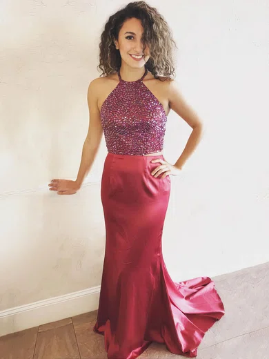 Sheath/Column Halter Satin Sweep Train Beading Prom Dresses #Milly020106054