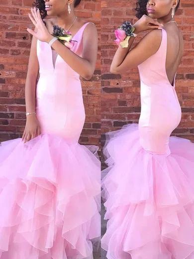 Trumpet/Mermaid V-neck Satin Tulle Floor-length Cascading Ruffles Prom Dresses #Milly020106056