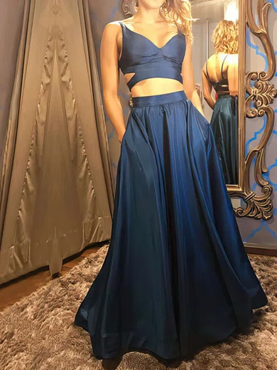A-line V-neck Satin Floor-length Pockets Prom Dresses #Milly020106063