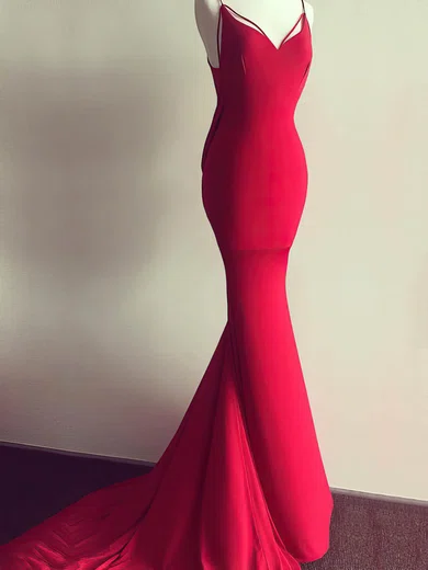 V-neck Long Mermaid Red Jersey Prom Dresses, Cheap Prom Dresses