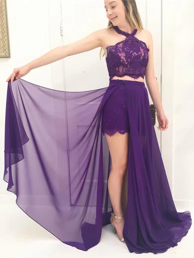 A-line Halter Chiffon Floor-length Appliques Lace Prom Dresses #Milly020106066