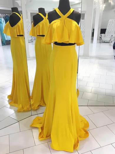 Mermaid Halter Jersey Floor-length Two Piece Prom Dresses #Milly020106070