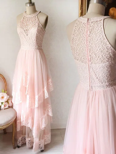 A-line Illusion Lace Tulle Floor-length Tiered Prom Dresses #Milly020106083