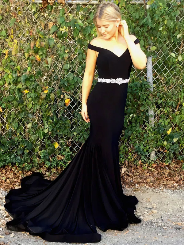 Trumpet/Mermaid Off-the-shoulder Satin Sweep Train Beading Prom Dresses #Milly020106084