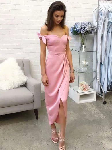 Sheath/Column Off-the-shoulder Silk-like Satin Tea-length Bow Prom Dresses #Milly020106087