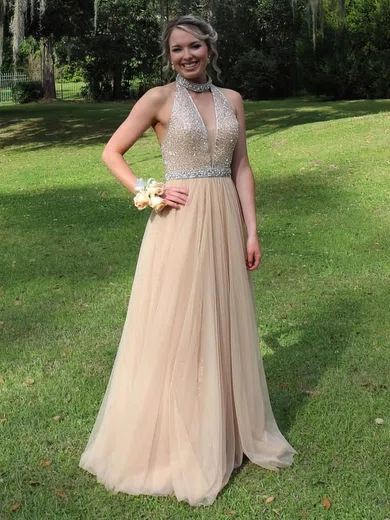A-line High Neck Chiffon Floor-length Beading Prom Dresses #Milly020106092