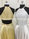 A-line Scoop Neck Silk-like Satin Sweep Train Beading Prom Dresses #Milly020106094