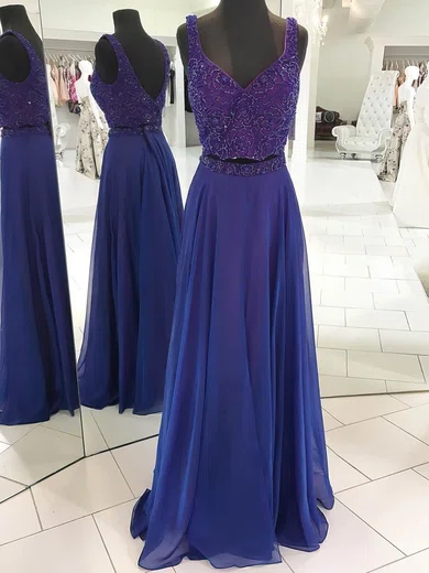 A-line V-neck Chiffon Two Piece Prom Dresses With Beading #Milly020106095