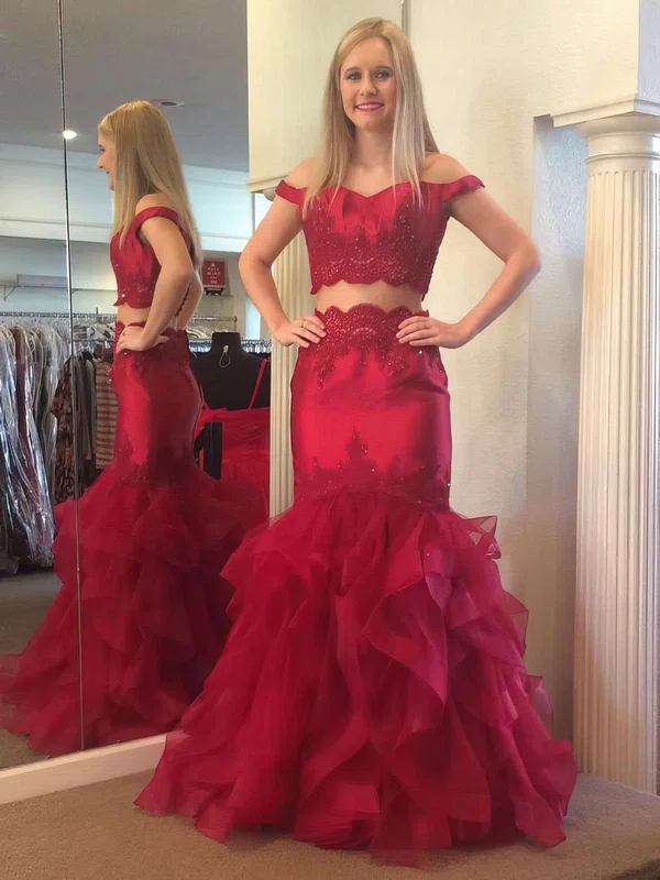 Trumpet/Mermaid Off-the-shoulder Satin Tulle Floor-length Appliques Lace Prom Dresses #Milly020106097