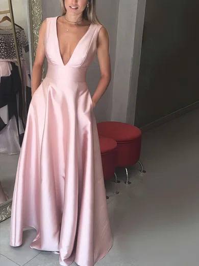 A-line V-neck Silk-like Satin Floor-length Pockets Prom Dresses Sale #sale020106098