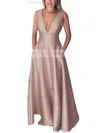 A-line V-neck Silk-like Satin Floor-length Pockets Prom Dresses #Milly020106098