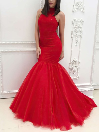 Trumpet/Mermaid High Neck Tulle Sweep Train Beading Prom Dresses #Milly020106100