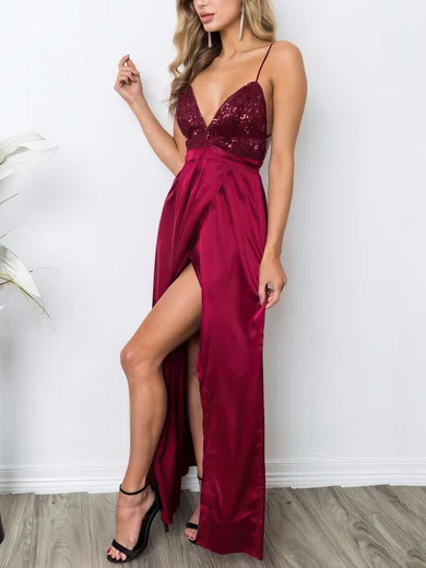 Sheath/Column V-neck Sequined Silk-like Satin Ankle-length Split Front Prom Dresses Sale #sale020106105