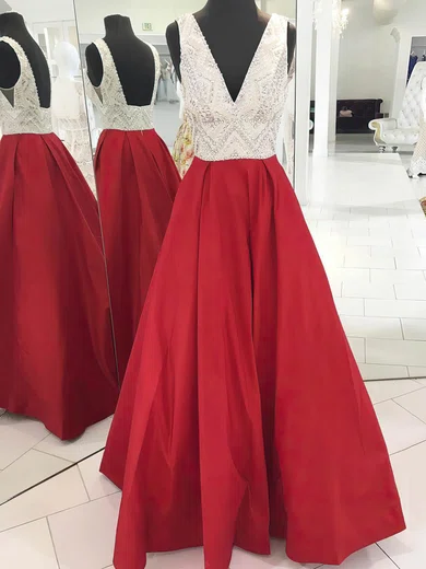 Ball Gown V-neck Floor-length Satin Prom Dresses With Beading #Milly020106108
