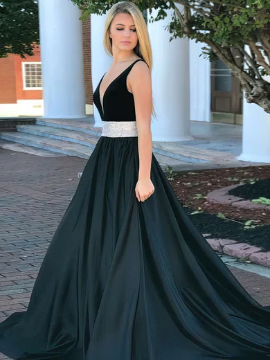 Ball Gown V-neck Satin Sweep Train Beading Prom Dresses #Milly020106110