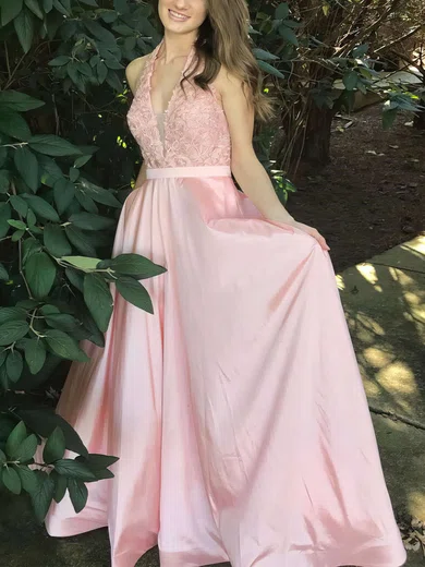 Princess Halter Satin Sweep Train Appliques Lace Prom Dresses #Milly020105085