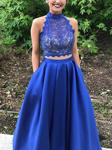 Princess High Neck Lace Satin Floor-length Beading Prom Dresses #Milly020105044