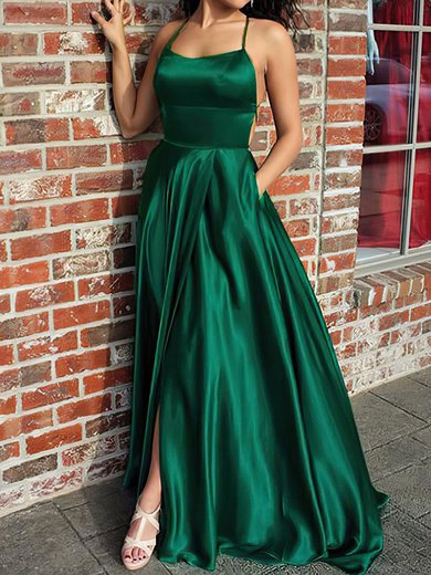 A-line Sweep Train Scoop Neck Silk-like Satin Pockets Prom Dresses #Milly020105078